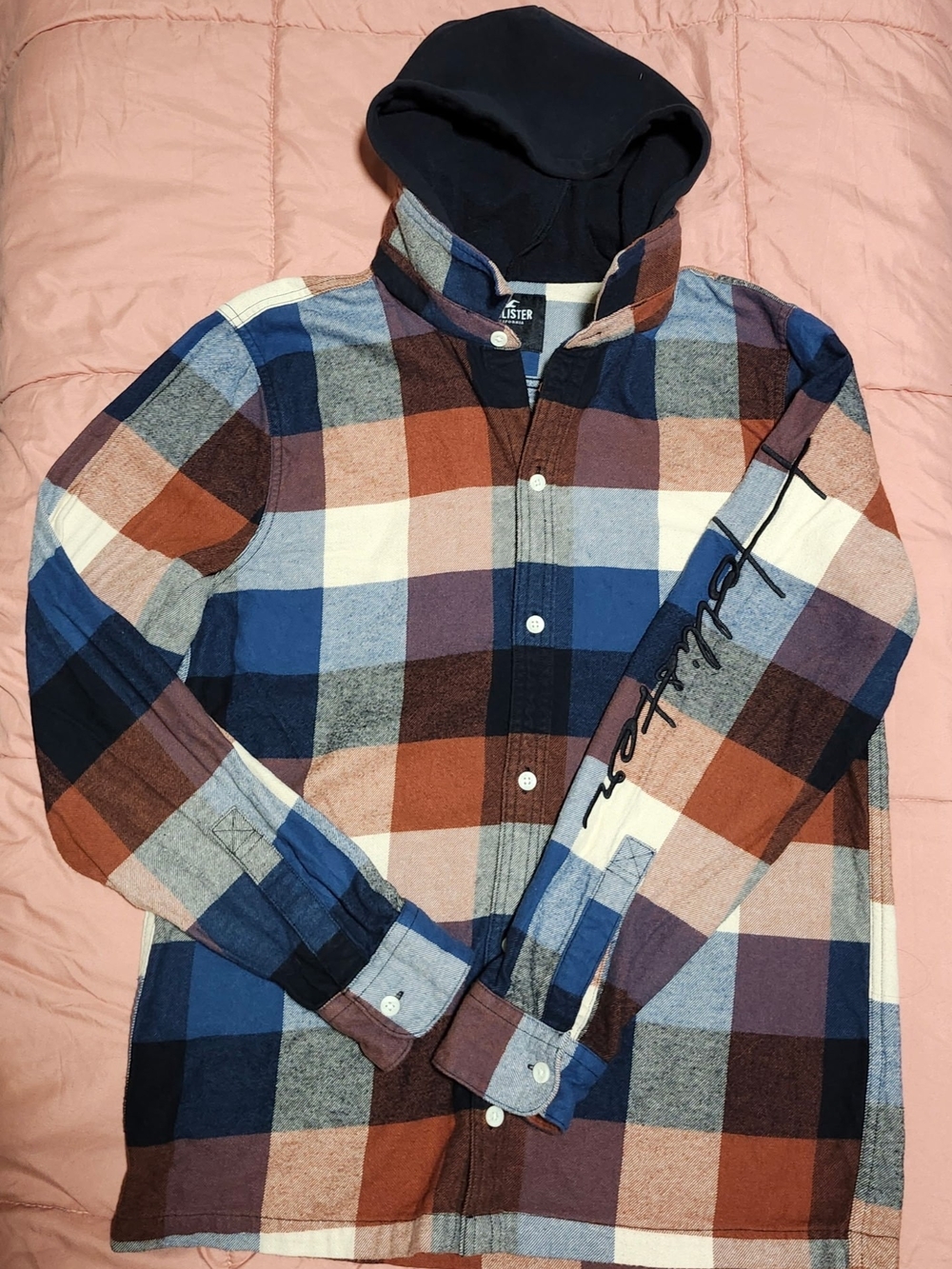 Hollister Men’s Blue & Brown Plaid Hooded Flannel Shirt